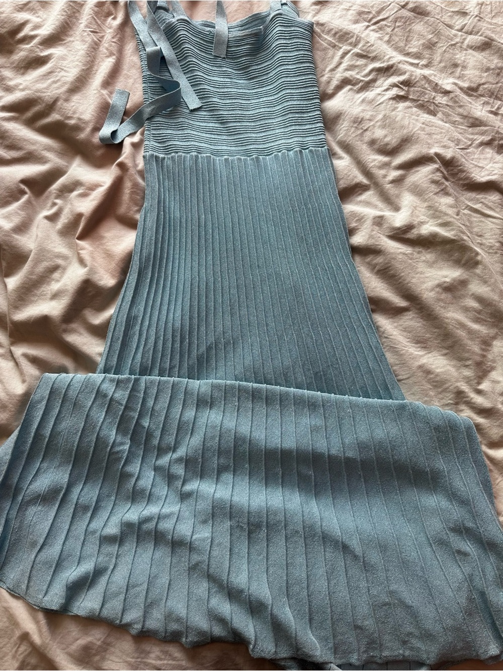 Endless Rose Blue Pleated Knit Maxi Dress Tie Strap Size M - Picture 8 of 11